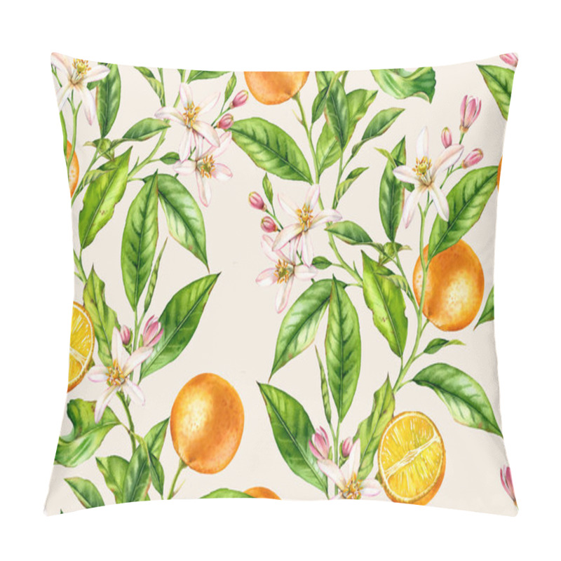 Personality  Orange Fruit Branches. Seamless Pattern With Flowers Realistic Botanical Floral Illustration On Light Beige Background Hand Painted  Pillow Covers