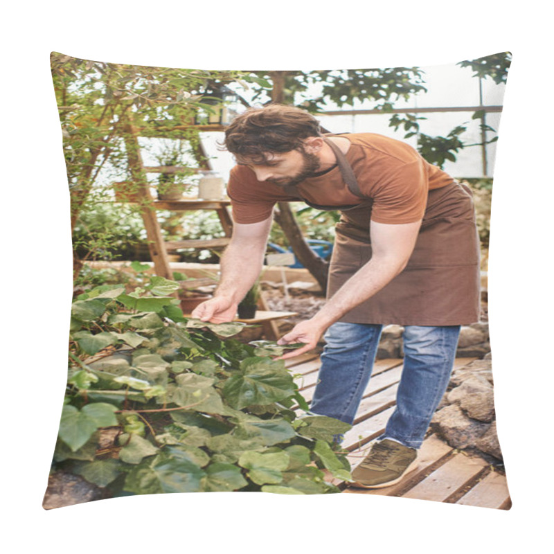 Personality  Bearded And Good Looking Gardener In Linen Apron Examining Fresh Leaves On Bush In Greenhouse Pillow Covers