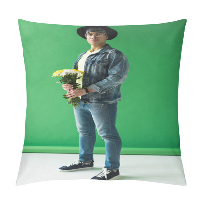 Personality  Stylish Mixed Race Man Holding Flowers And Looking At Camera On Green Pillow Covers