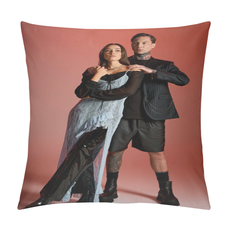 Personality  A Young Couple Showcases Modern Fashion With Confidence In Bold, Eye Catching Attire. Pillow Covers