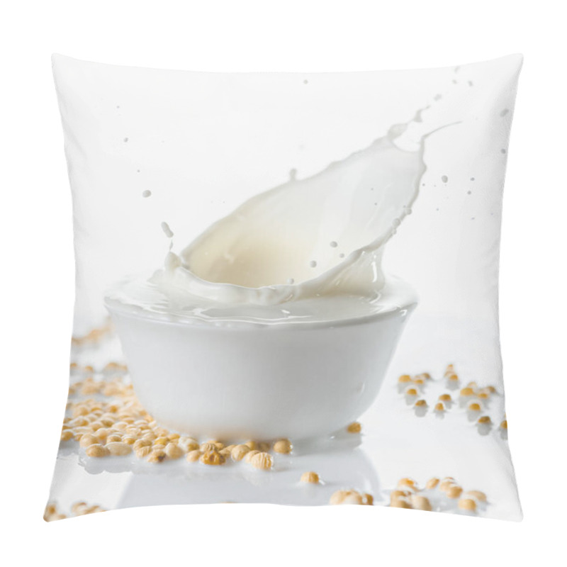 Personality  Milk In White Bowl With Drops On Soybeans On White Background Pillow Covers