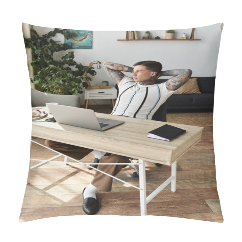 Personality  Handsome Young Man With Tattoos Takes A Break While Working At A Contemporary Desk In A Cozy Room. Pillow Covers