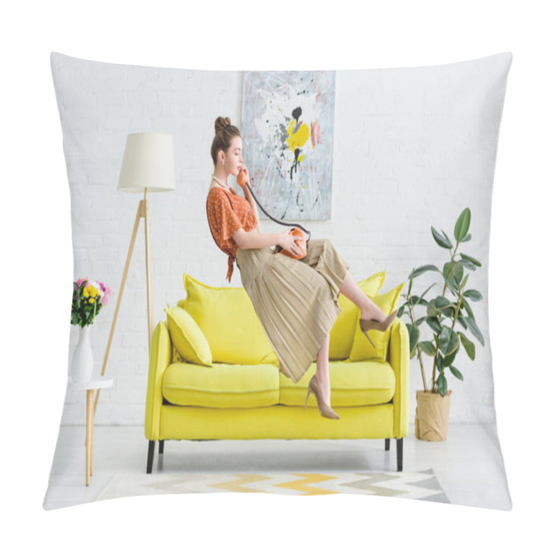 Personality  Side View Of Elegant Young Woman Levitating In Air And Talking On Vintage Phone In Living Room Pillow Covers