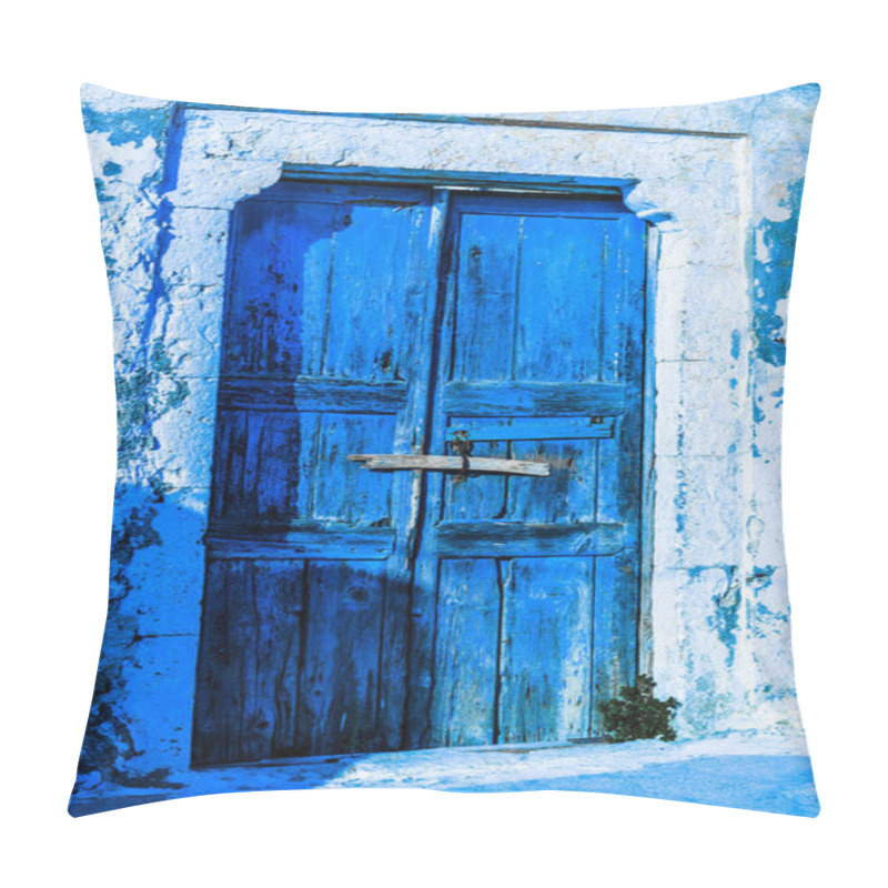 Personality  Bright Blue Door Of A Small Greek House On A Narrow Street In A Small Mountain Village. Pillow Covers