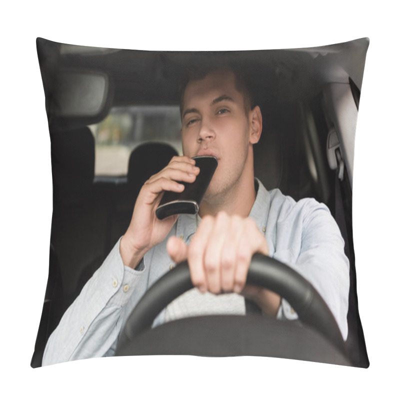 Personality  Young Man Drinking Alcohol From Flask While Driving Car, Blurred Foreground Pillow Covers