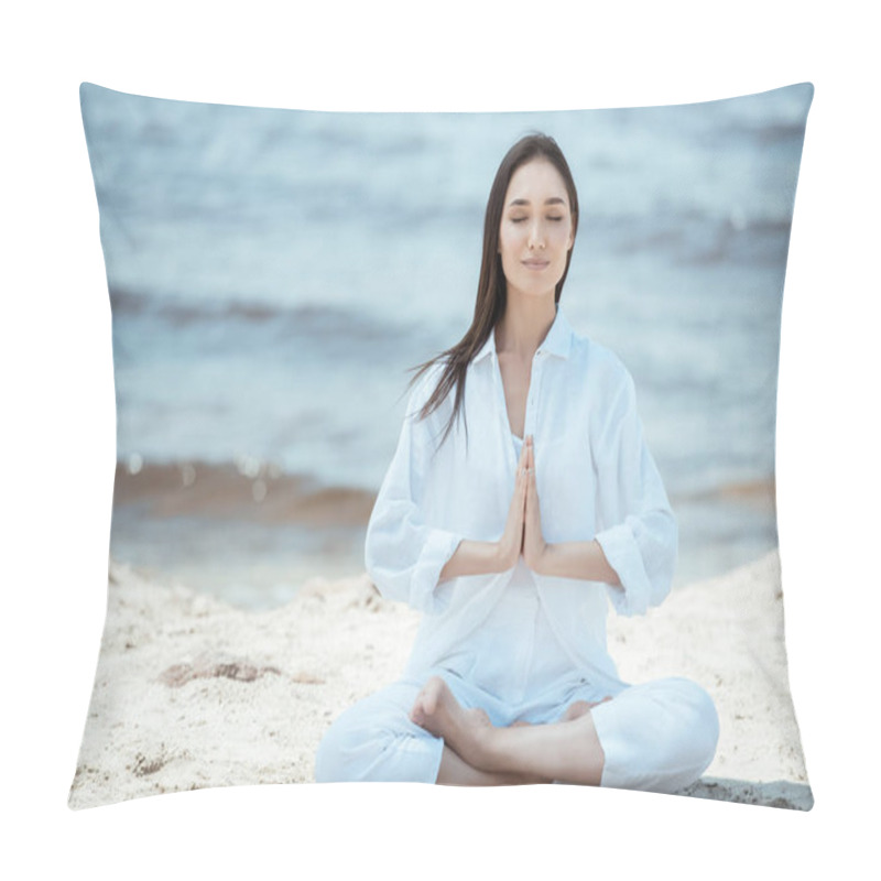 Personality  Attractive Young Asian Woman In Anjali Mudra (salutation Seal) Pose On Beach Pillow Covers