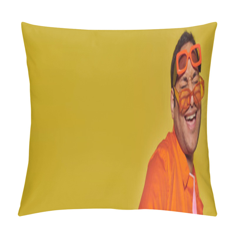 Personality  Stylish Indian Man Trying On Different Trendy Sunglasses And Smiling On Yellow Backdrop, Banner Pillow Covers