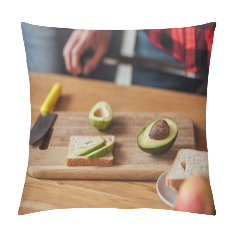 Personality  Cropped View Of Man Near Chopping Board With Bread, Knife And Halves Of Fresh Avocado Pillow Covers