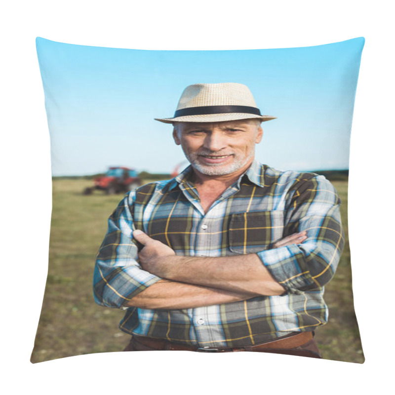 Personality  Cheerful Senior Farmer Standing With Crossed Arms In Field  Pillow Covers