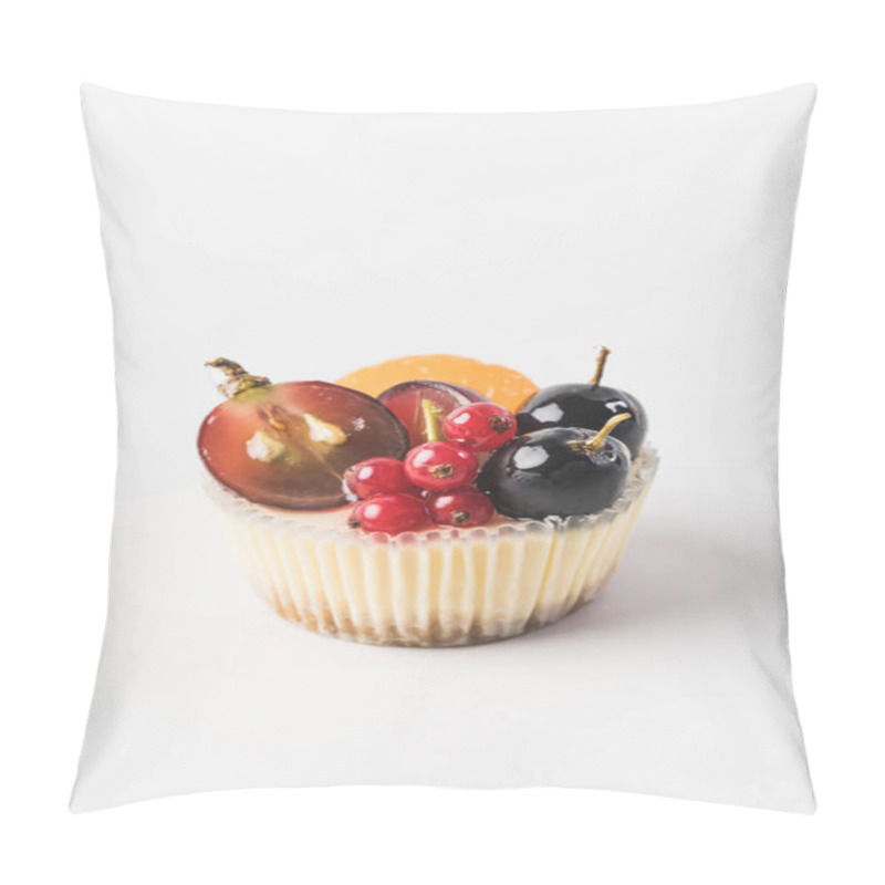 Personality  Close Up View Of Sweet Cupcake With Berries And Fruits Isolated On White Pillow Covers