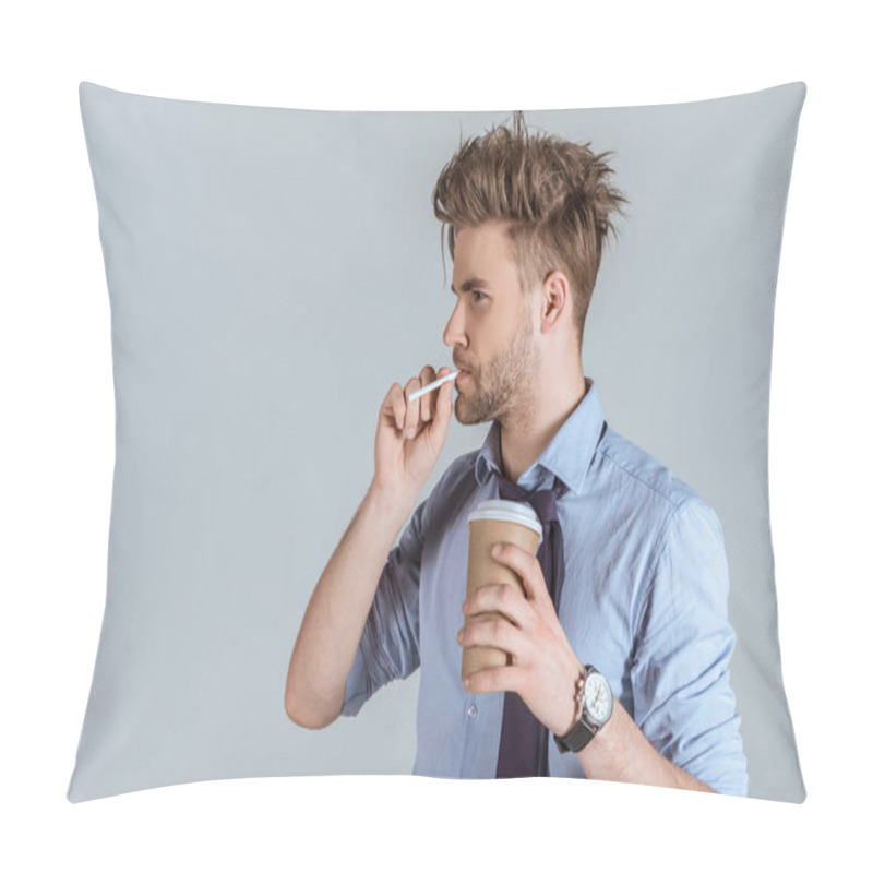 Personality  Tired Businessman Holding Paper Cup And Smoking Cigarette Isolated On Grey  Pillow Covers