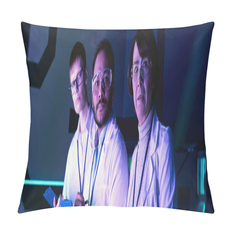 Personality  Banner, Three Scientists Engage In Headshot Analysis Within Neon-Lit Science Center. Pillow Covers