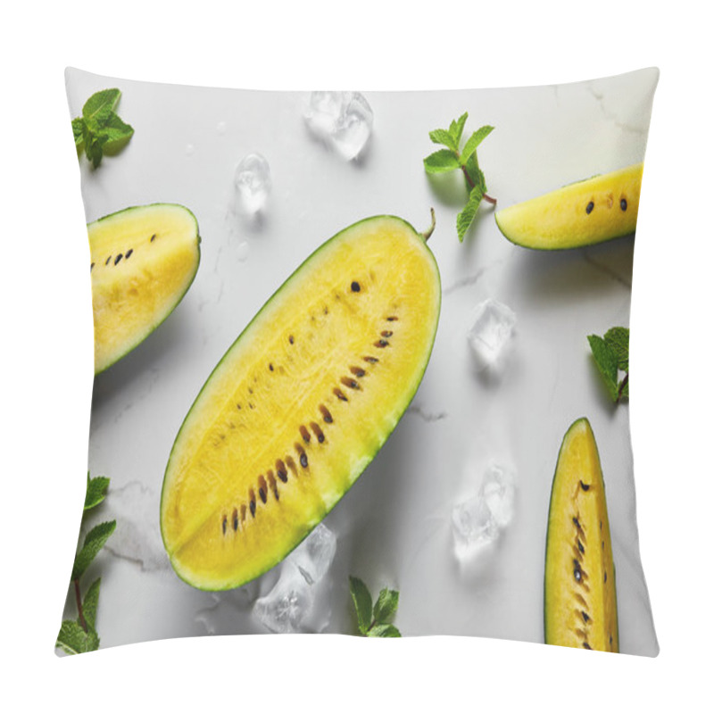 Personality  Top View Of Cut Delicious Exotic Yellow Watermelon With Seeds On Marble Surface With Mint, Ice Pillow Covers