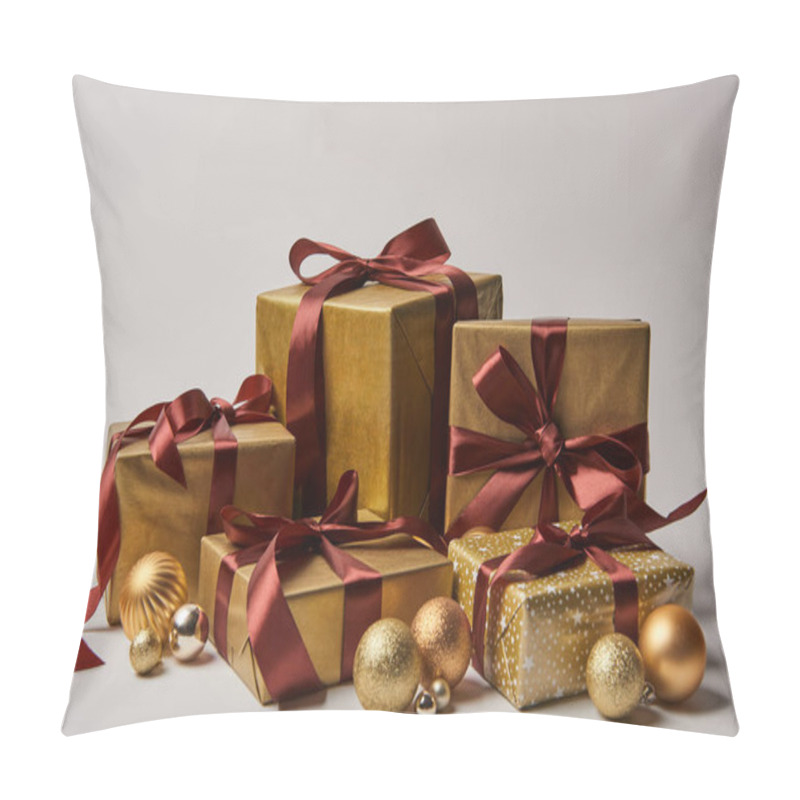 Personality  Golden Christmas Gift Boxes With Burgundy Ribbons And Baubles Isolated On White Pillow Covers