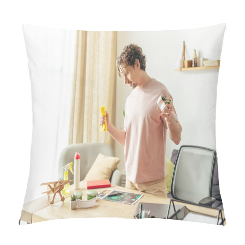 Personality  Handsome Man In Cozy Homewear Holding A Spray In A Living Room. Pillow Covers