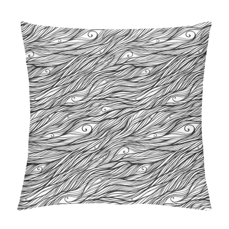 Personality  Abstract Monochrome Black And White Doodle Seamless Pattern. Hand Drawn Waves Ornament. Vector Illustration Pillow Covers