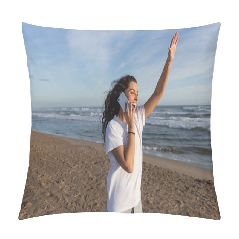 Personality  Excited Woman In White T-shirt Talking On Smartphone And Waving Hand On Beach In Barcelona  Pillow Covers