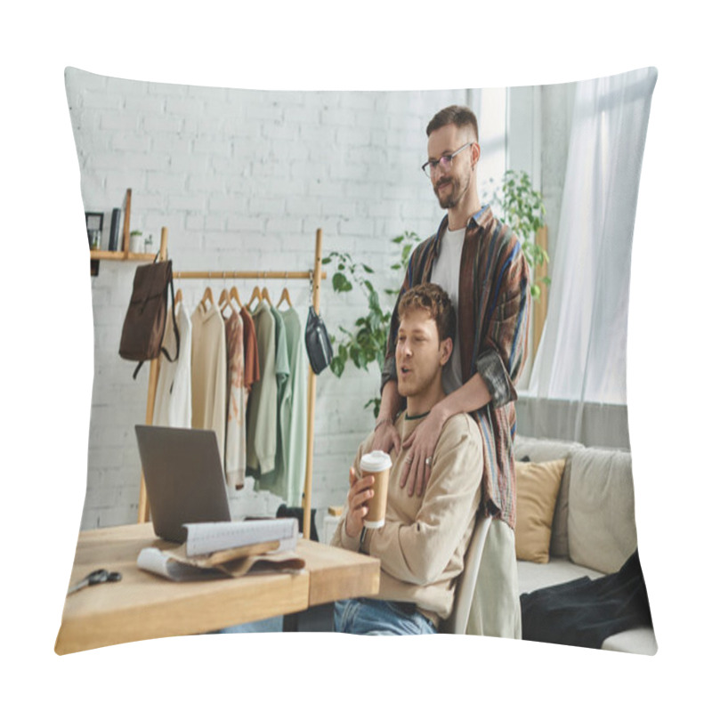 Personality  A Man Sips Coffee At A Table With His Partner, Discussing Their Latest Designs. Pillow Covers