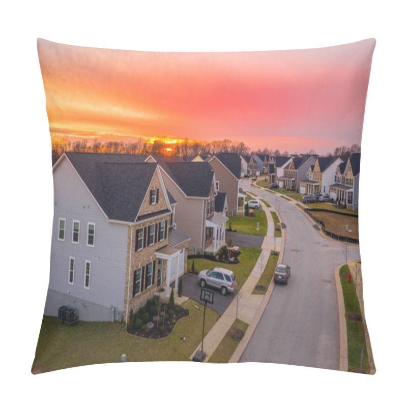 Personality  Aerial View Of A Classic Upper Middle Class Street Lined With Single Family Homes In The USA With Sunset Sky Pillow Covers