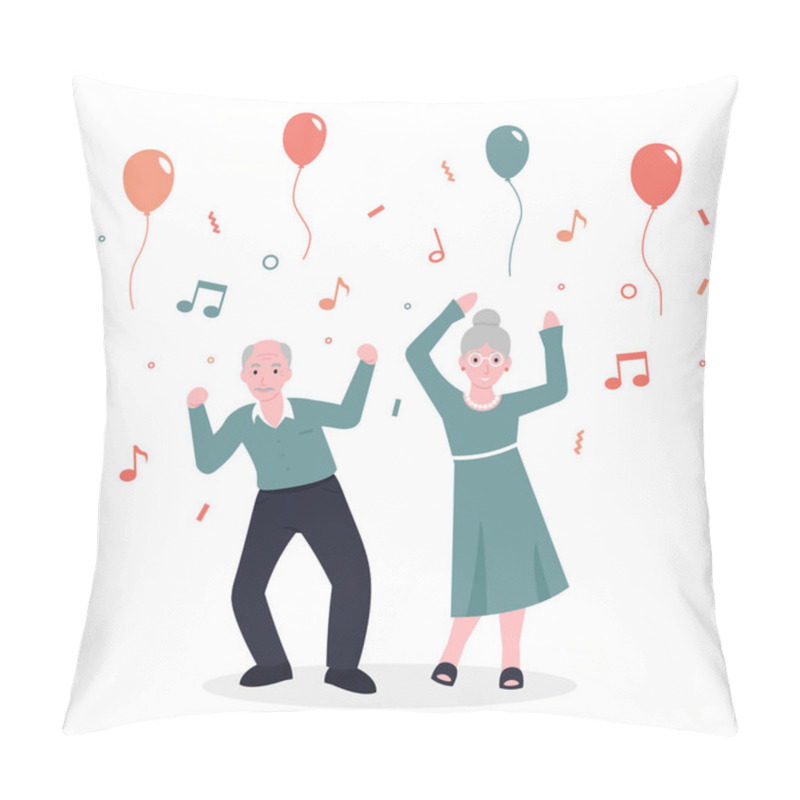 Personality  Happy Old Couple Grandparents People Dance To Music And Rejoice. Party Concept. Flat Vector Cartoon Modern Illustration. Pillow Covers