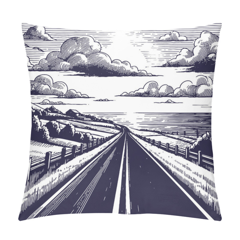 Personality  Scenic Coastal Highway At Sunset In Detailed Line Art Style Pillow Covers