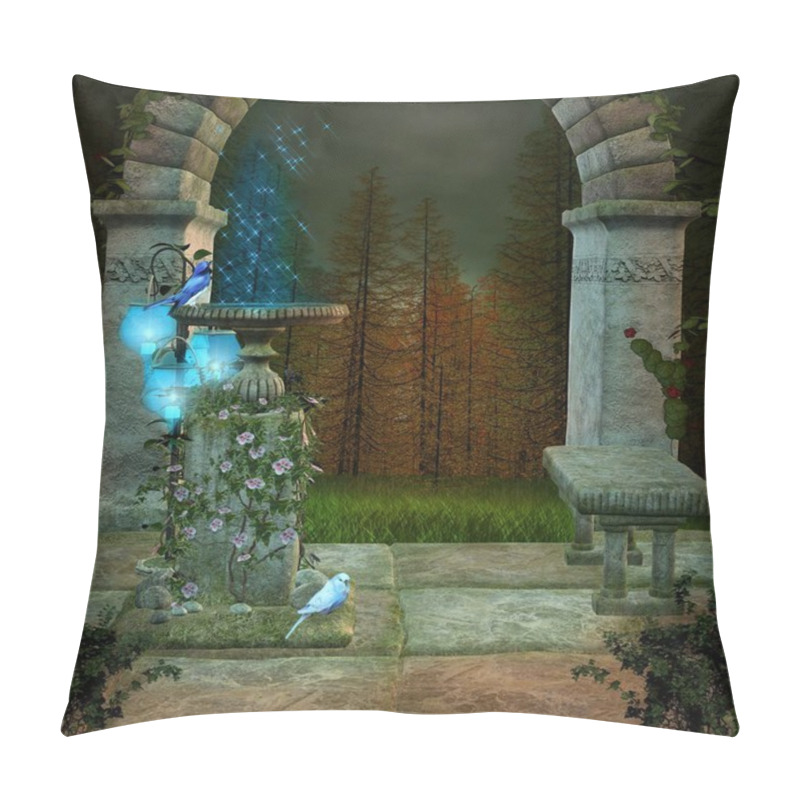 Personality  The Silent Place: Magic Fountain By An Old Arch In The Firs Forest Pillow Covers