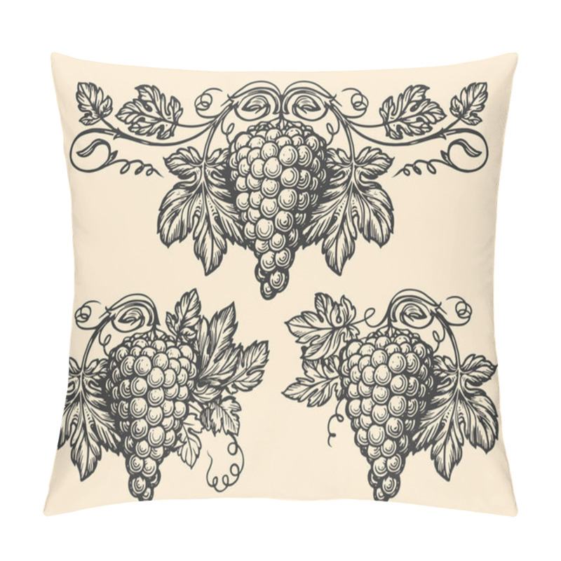 Personality  Grapevine Pattern Set Sketch. Hand Drawn Vine, Grape Bunches And Leaves. Vineyard Vector Illustration Vintage Engraving Pillow Covers