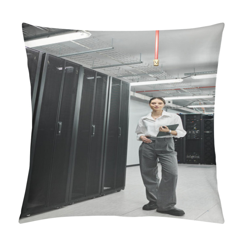 Personality  A Skilled Woman In A White Shirt Checks Systems While Managing Server Hardware In A Tech Hub. Pillow Covers