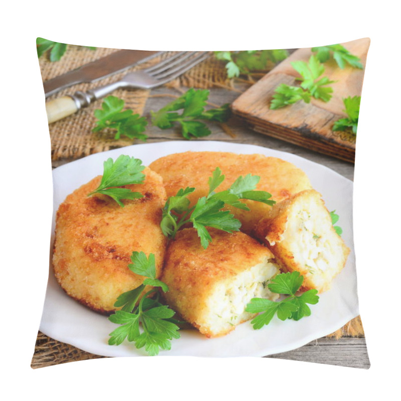 Personality  Vegetable Cutlets With Egg Filling On A White Plate. Cutlets (zrazy) Cooked From Cauliflower And Potatoes And Filled With Boiled Sliced Eggs. Rustic Style. Closeup Pillow Covers