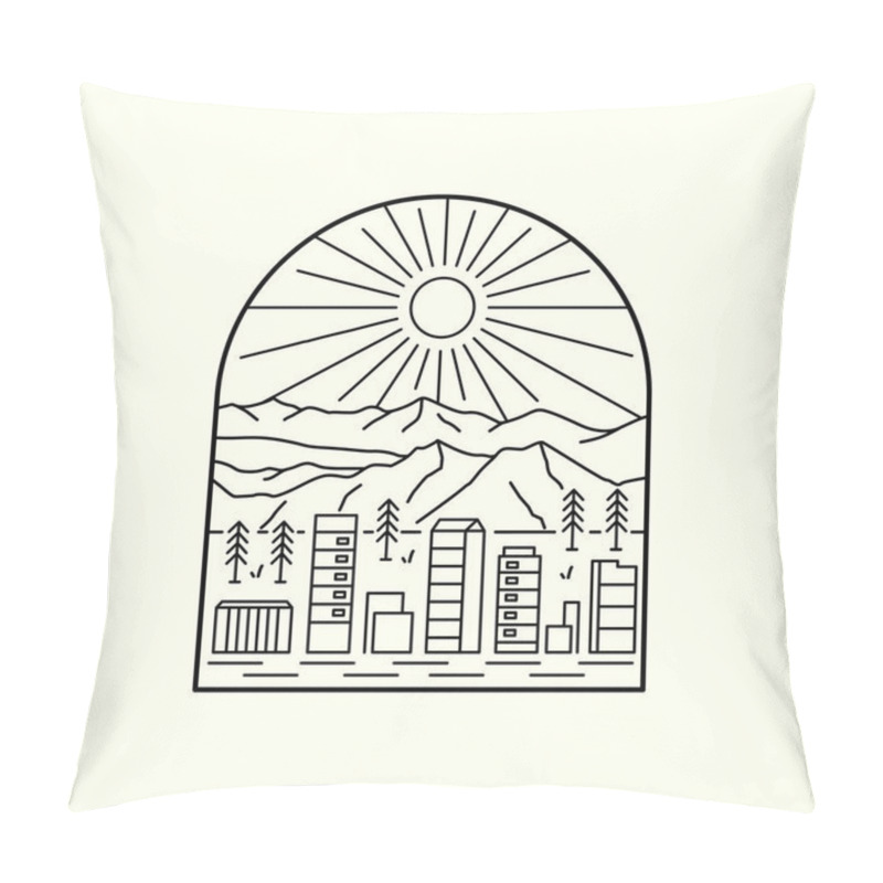 Personality  A View Of A City Under A Mountain In Mono Line Art ,badge Patch Pin Graphic Illustration, Vector Art T-shirt Design Pillow Covers