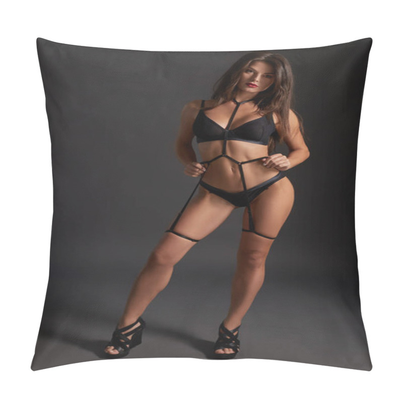 Personality  Beautiful Woman In Underwear And Leather Bandage. Sexy Body Girl Weared Swordbelt Posing Against Dark Grey Background. Pillow Covers