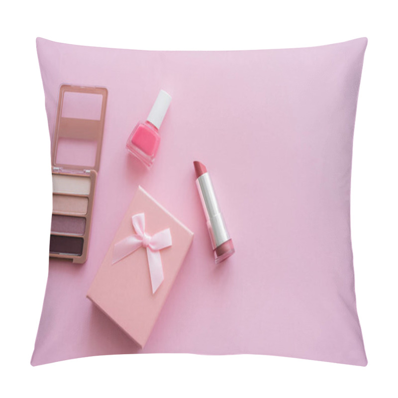 Personality  Top View Of Decorative Cosmetics Near Present With Bow On Pink Pillow Covers