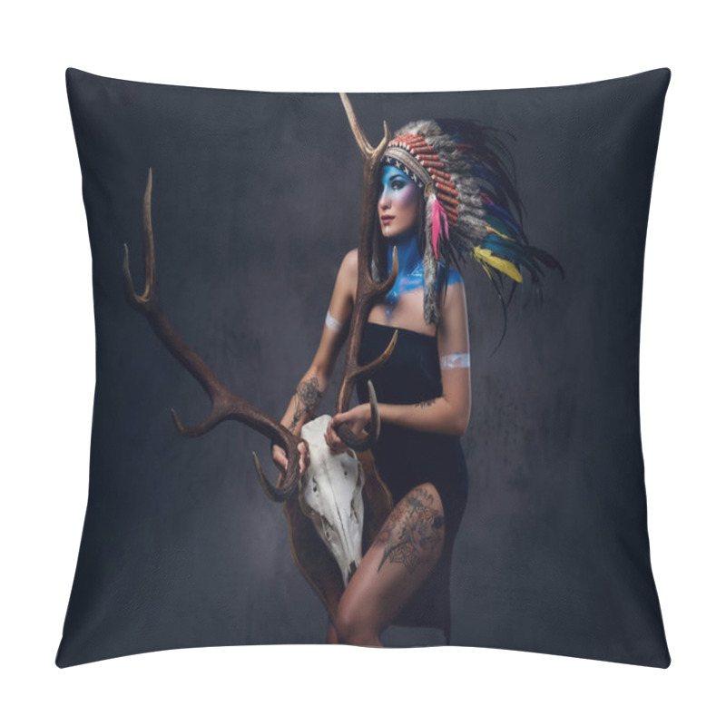 Personality  Indian Female Holds An Antler Skull. Pillow Covers