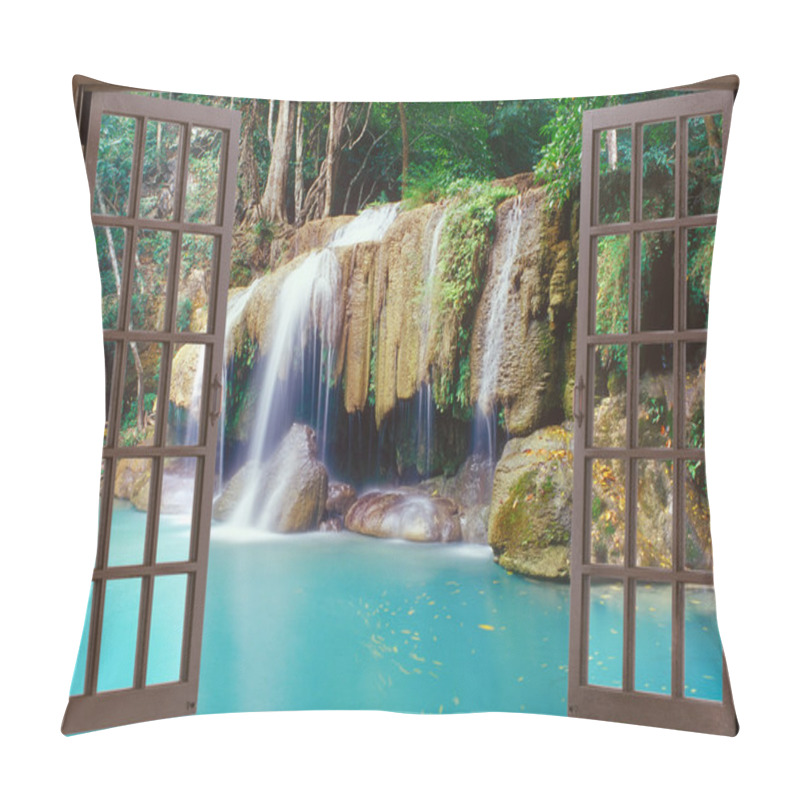 Personality  Open Window View To Deep Jungle Waterfall Pillow Covers