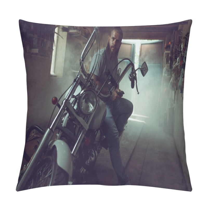 Personality  Handsome Brutal Man With A Beard Sitting On A Motorcycle In His Garage, Wiping His Hands And Looking To The Side Pillow Covers