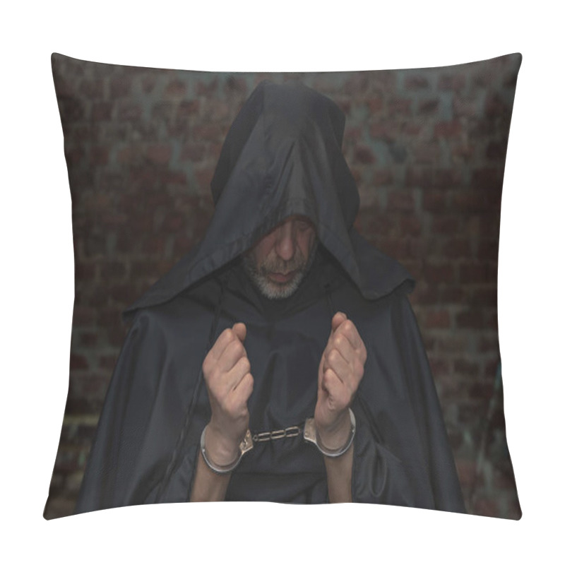 Personality  A Priest Handcuffed Against The Background Of A Stone Wall. Concept: Old Criminal, Criminal Responsibility, Religious Figure. Pillow Covers