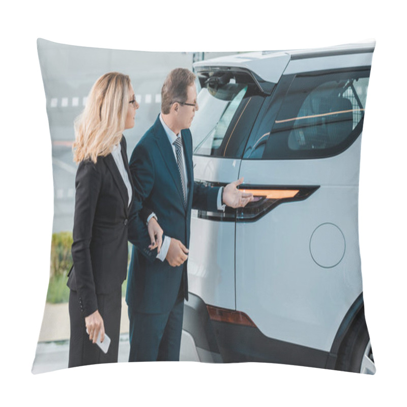 Personality  Businessman And Businesswoman With Smartphone Choosing New Automobile In Showroom Pillow Covers