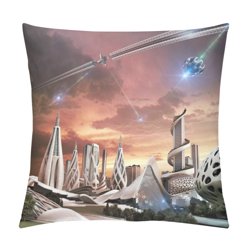 Personality  Futuristic City And Space Wheel With An Exotic Energy Source Pillow Covers