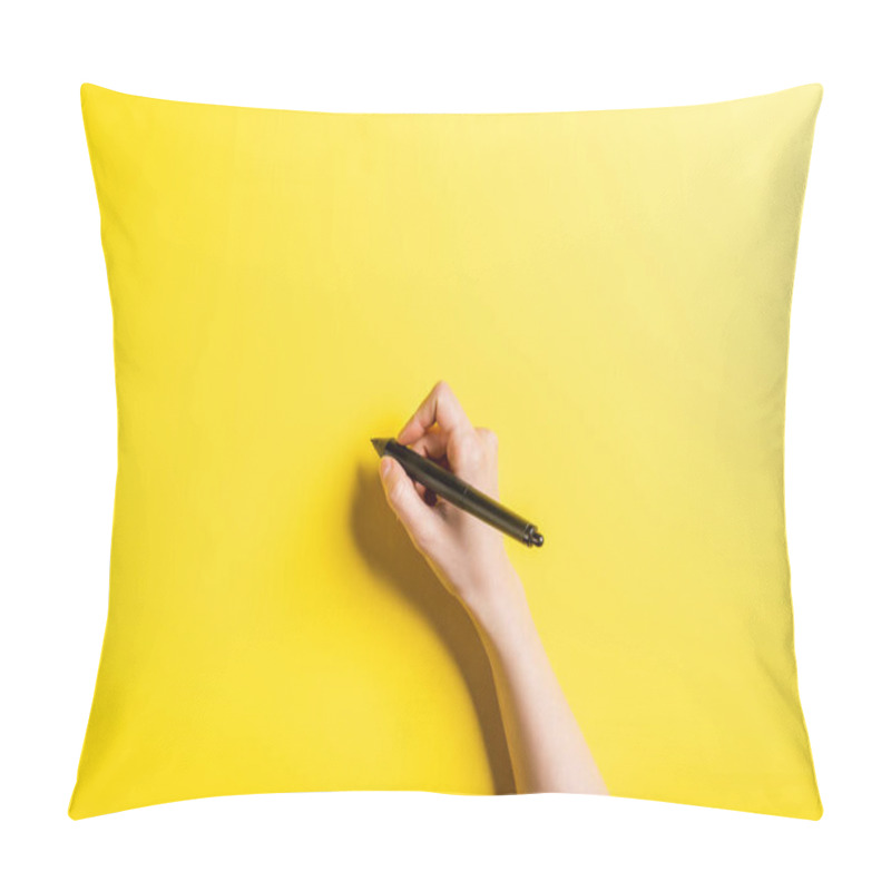 Personality  Cropped View Of Designer Holding Stylus On Yellow  Pillow Covers