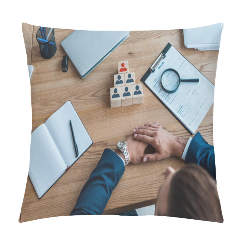 Personality  Cropped View Of Man With Clenched Hands Near Wooden Cubes  Pillow Covers