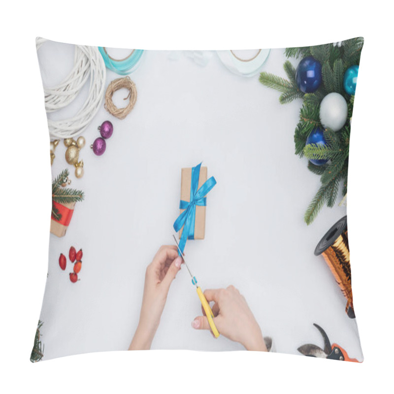 Personality  Partial View Of Woman Cutting Blue Ribbon On Wrapped Christmas Present Isolated On White Pillow Covers