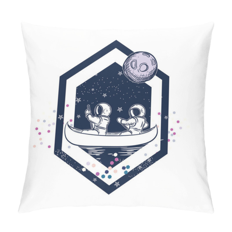 Personality  Two Astronauts In The Boat. Spacemen Are Floating On The Canoe. Space Vector Illustration. Pillow Covers