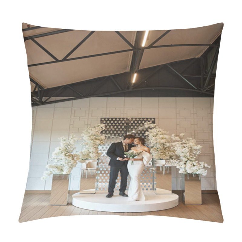 Personality  Full Length Of Elegant Newlyweds In Wedding Hall Decorated With White Blooming Flowers, Special Day Pillow Covers