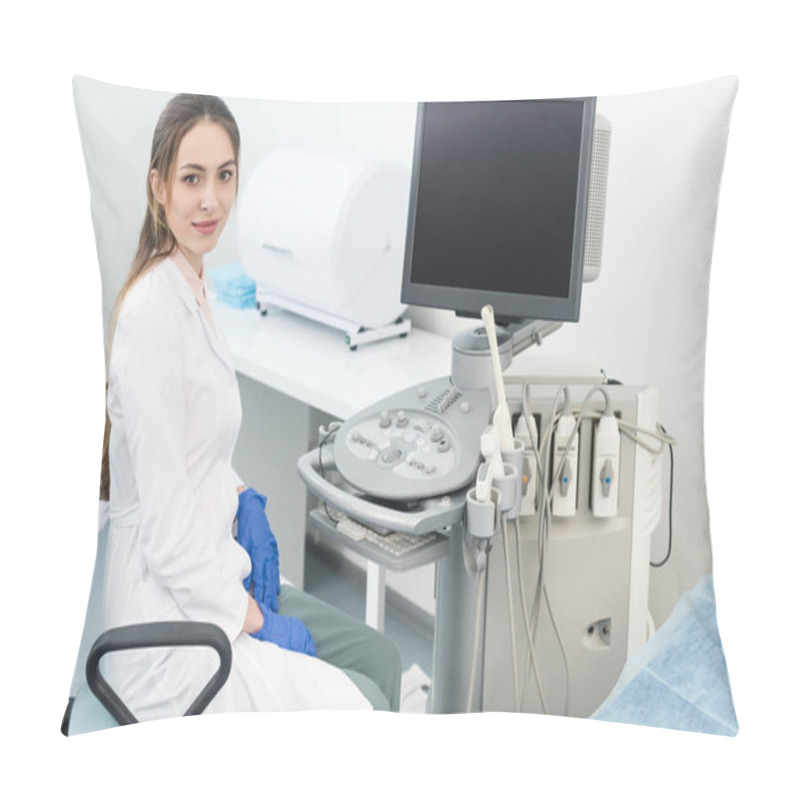 Personality  Young Happy Doctor Working With Ultrasound Scanner With Blank Screen In Clinic Pillow Covers