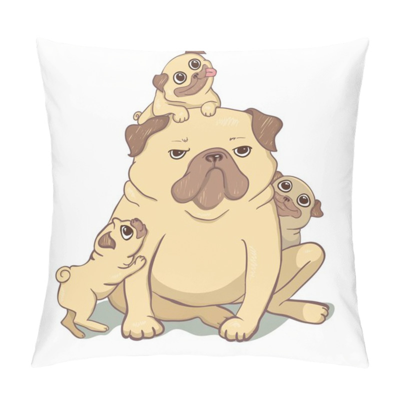 Personality  Pug Dog Cartoon Illustration. Cute Friendly Fat Chubby Fawn Sitting Pug Puppy, Smiling With Tongue Out. Pets, Dog Lovers, Animal Themed Design Element Isolated On White. Pillow Covers