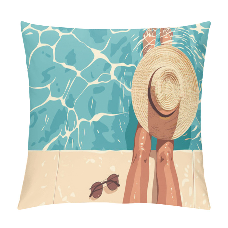 Personality  Woman With Big Hat Relaxes In Pool Enjoys On Luxury Spa Vacation. Summer Holiday Swimming Pool Party. Top View Poster Vector Illustration Pillow Covers