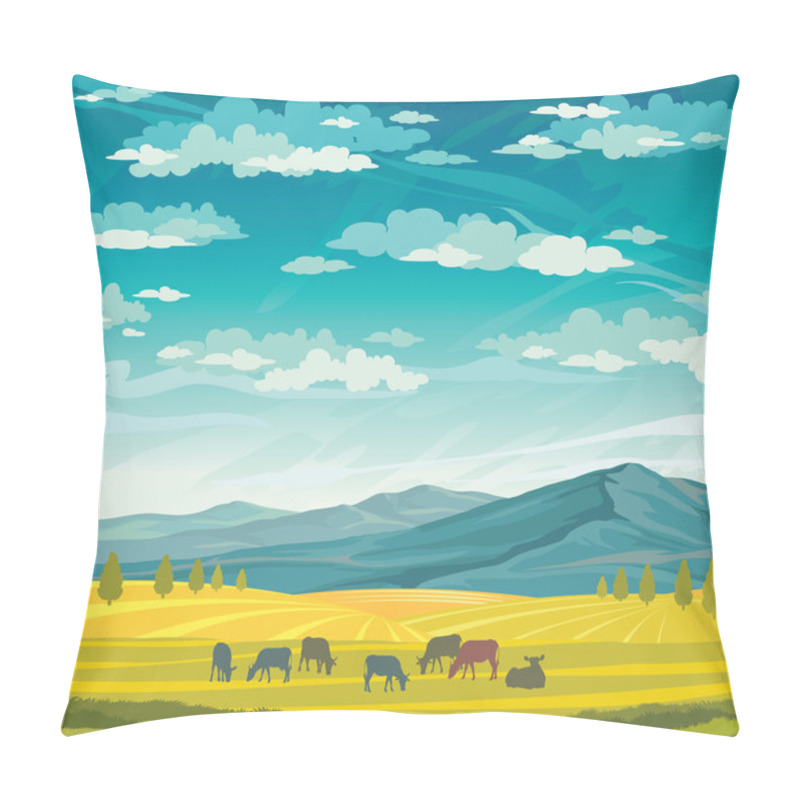 Personality  Herd Of Cows And Meadow. Rural Summer Landscape. Pillow Covers