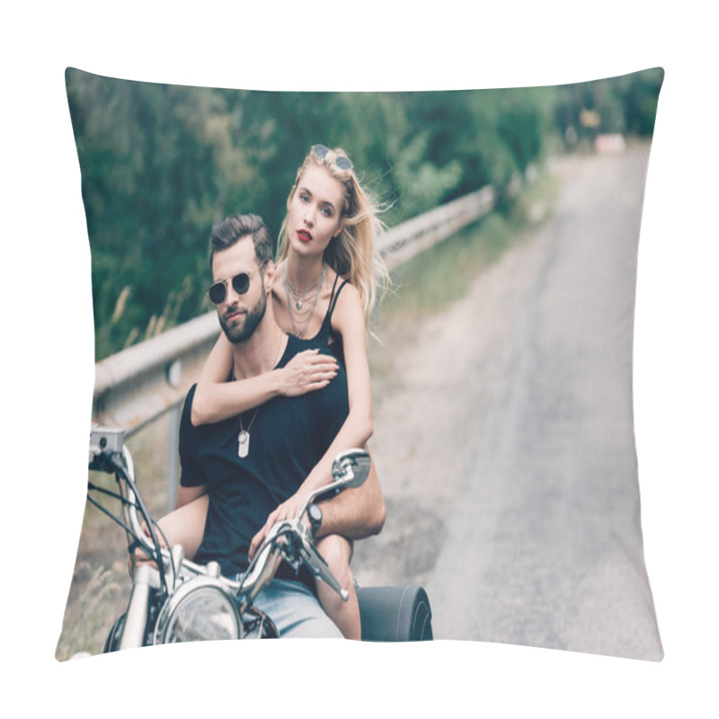 Personality  Young Couple Of Bikers Embracing On Black Motorcycle On Road Near Green Forest Pillow Covers