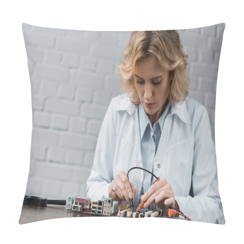 Personality  Female Electronic Engineer With Tester Examining Computer Motherboard Pillow Covers