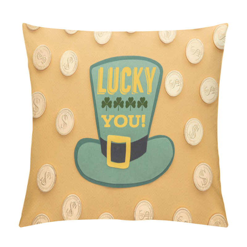 Personality  Top View Of Golden Coins With Dollar Signs Near Green Paper Hat With Lucky You Lettering On Orange Background  Pillow Covers